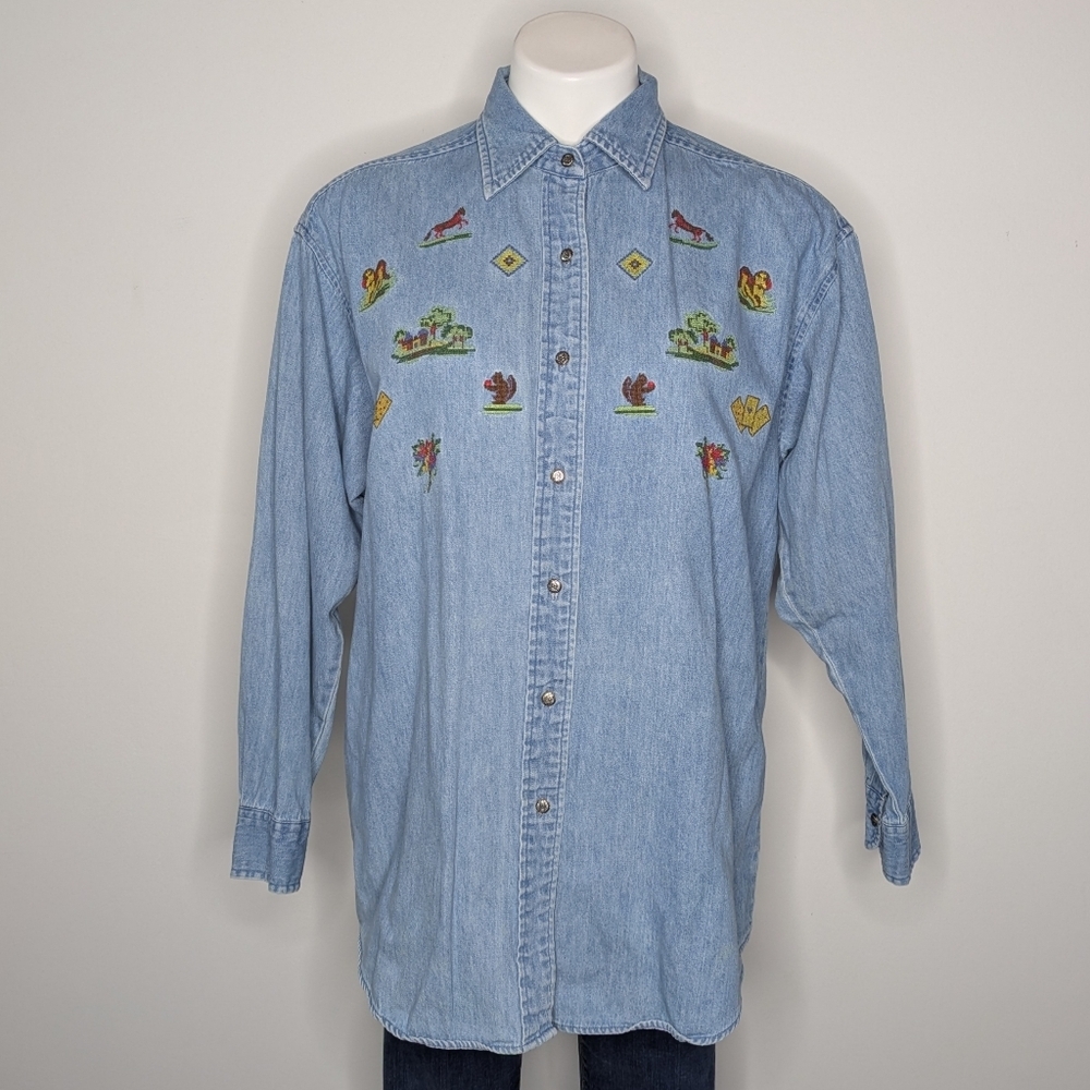 Vintage Limited Blue Embroidered Collared Button Up Long Sleeve Cotton Shirt M